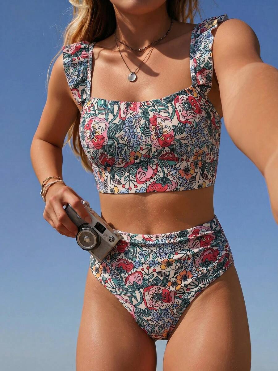 Swim Mod 两件套女士夏季沙滩优雅度假纯色荷叶边吊带褶皱前片上衣和高腰褶皱三角裤套装 - 彩色 - 查看 1