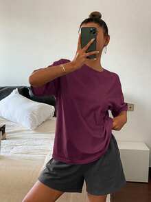 DAZY 純色寬鬆短袖T恤與短褲2件組女款居家休閒服 - 紫色 - 查看 5