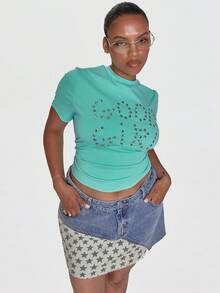 MUSERA Blue Studded Star Graphic Slogan Crew Neck Short Sleeve Fitted Tee T Shirt - Green - View 1