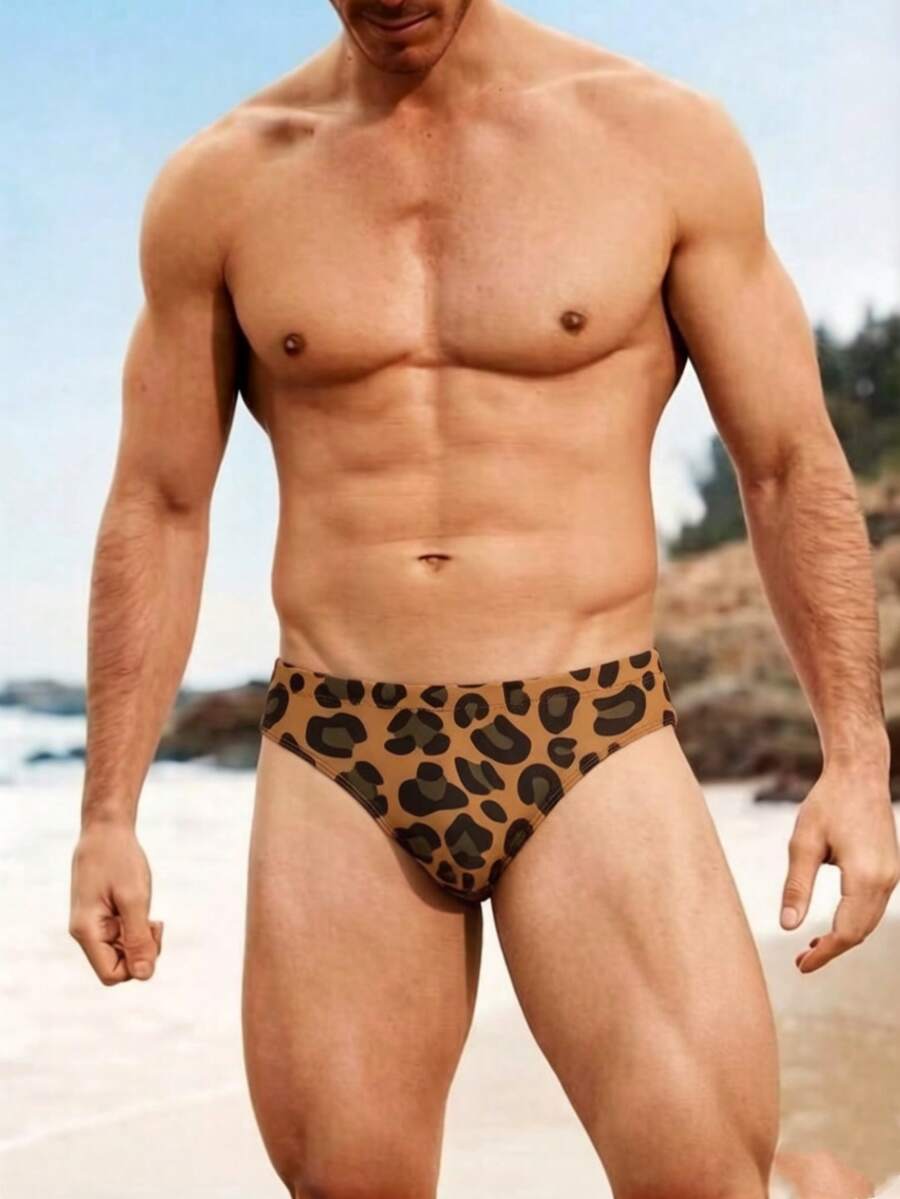 ZELFYO Men's Leopard Print Tight Fit Triangle Swim Briefs, Holiday - Brown - View 1