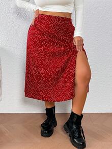 SHEIN PETITE CURVE 大尺碼中長版 A 字開衩圓點休閒度假裙 - 紅色 - 查看 7