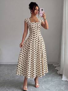 Vestido Midi Verde Oliva para Mujer , Cuello Cuadrado, Cintura Ajustada, Corte en A, Manga Corta, para Verano, Fiesta de Té, Trabajo, Playa, Vacaciones, Festival de Música, Cerveza - Albaricoque 2 - Ver 6