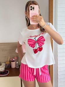 SweetSlumber Sweet Cute Ins Hot Pink Cherry Bow Print Round Neck Comfortable Knit Women's Pajama Set Home Cherry Print Summer Back-To-School Lounge Cute Y2k - Multicolor - View 6