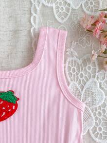 SHEIN 女嬰 0-3歲 1件 夏季&秋季 休閒可愛風格 外出套裝，草莓刺繡無袖短洋裝 舒適衣物 適合戶外活動 - 粉色 - 查看 7