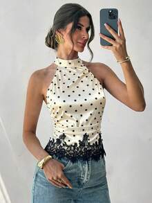 Firerie Top feminino sem mangas com decote halter, estampado de bolinhas e renda em contraste - Preto e Branco - Ver 2