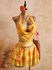 Bellisia 26SS Spring/Summer Vacation Romantic Yellow Orange Floral Print Swimsuit Set With Skirt 3 Pieces Set - Yellow - View 1