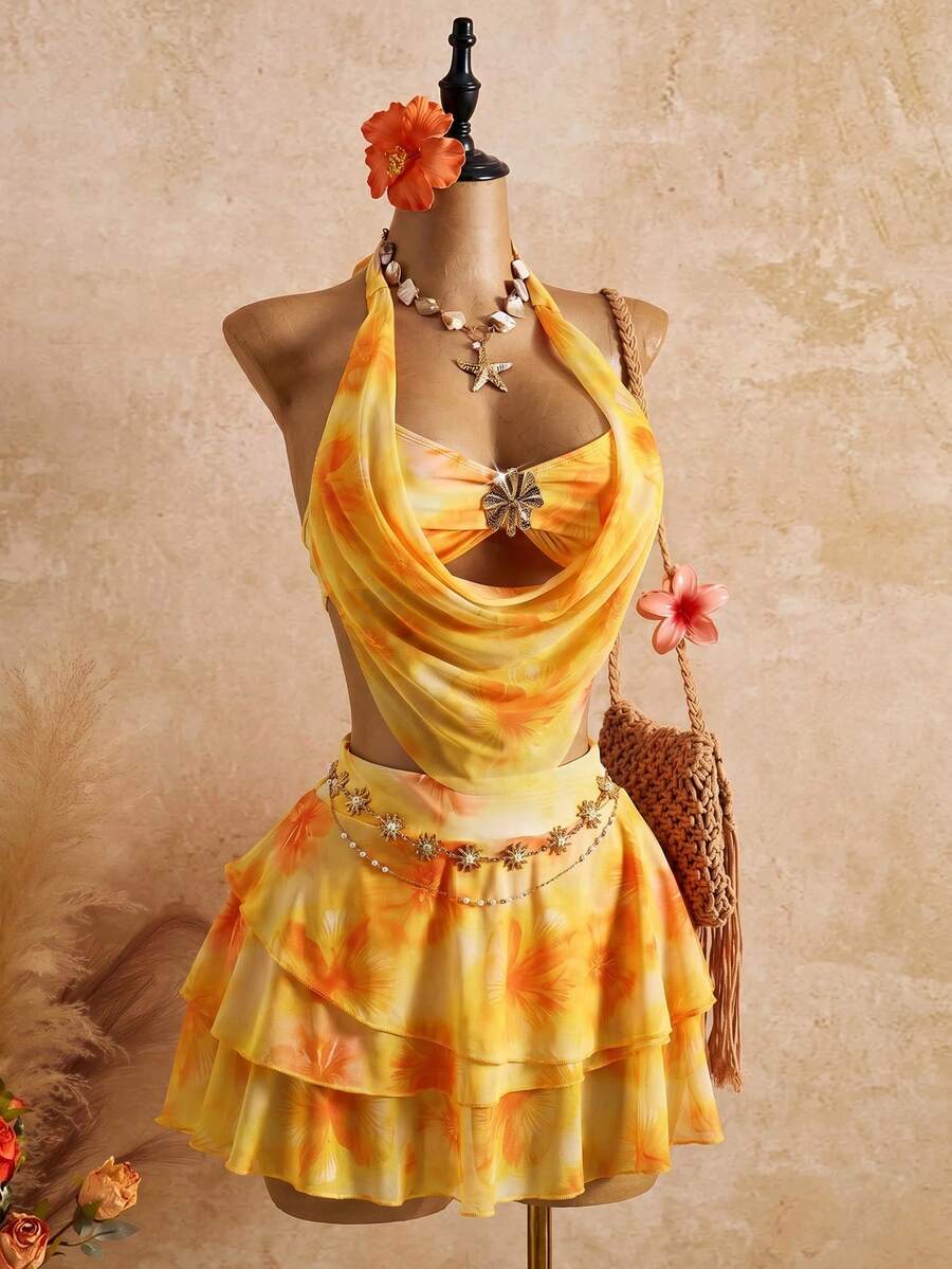 Bellisia 26SS Spring/Summer Vacation Romantic Yellow Orange Floral Print Swimsuit Set With Skirt 3 Pieces Set - Yellow - View 1