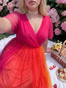 Lyrianda Plus Size Spring/Summer Punk Colorful Gradient Short Sleeve Asymmetrical Hem Dress - Multicolor - View 3
