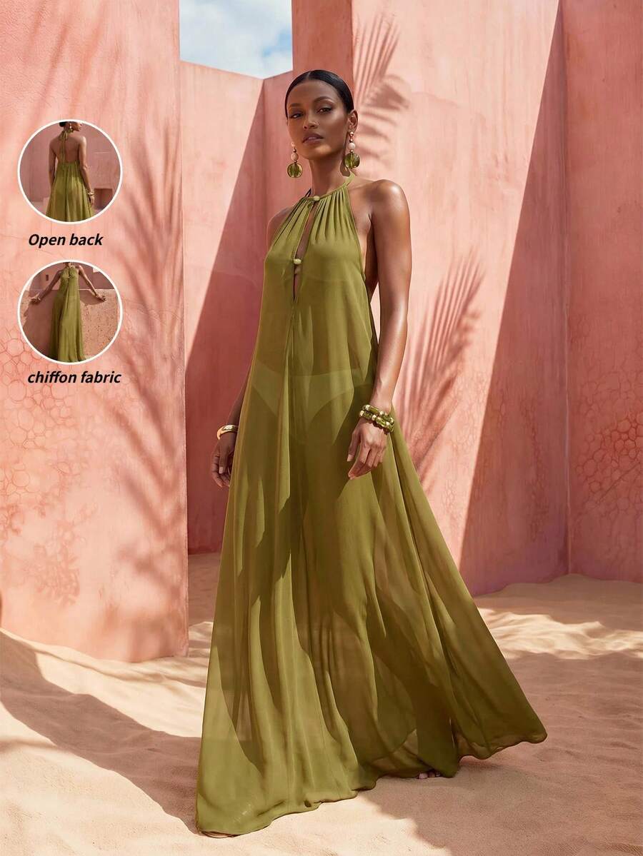 Zivah Damen Strandurlaub lässig Grünes Langes Kleid Strandüberwurf, Rundhalsausschnitt mit einzigartigem Hohlsaum, Strandmantel geeignet für Musikfestival, St. Patrick's Day, Valentinstag, Date, Western Thema, Nomadenstil, Geburtstagsfest, Abschlussfeier, Campusleben, lässig Alltag, vielseitiges Kleidungsstück, Freizeitbekleidung, Kreuzfahrtreise, Strandmode, Sonnenbaden - Armeegrün - Übersicht 1