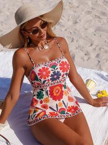 Swim Lushoire Women's 2pcs Set Floral Placement Print Bohemian Fashion Summer Beach Vacation Tankini - Multicolor - View 3