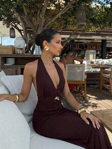Lumalex Vestido longo justo ao corpo com decote em V, decote halter, laço, decoração metálica e bainha sereia para mulheres - Castanho - Ver 5
