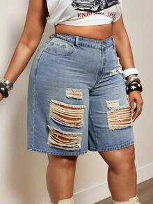 Slaydiva Plus Size Women Summer Cowgirl Style Blue Non-Stretch Distressed Straight Leg Pants - Light Wash - View 5