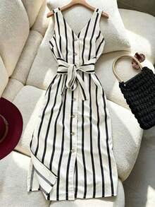 Franclia Plus Size Summer Casual Striped Front Button Sleeveless Dress - Black and White - View 1