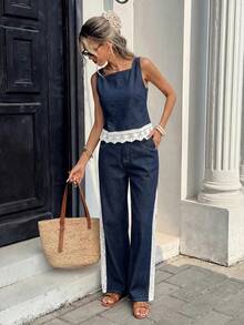 Serisse Ensemble décontracté en denim pour femmes avec gilet à col carré et pantalon - Bleu azur - Voir 6