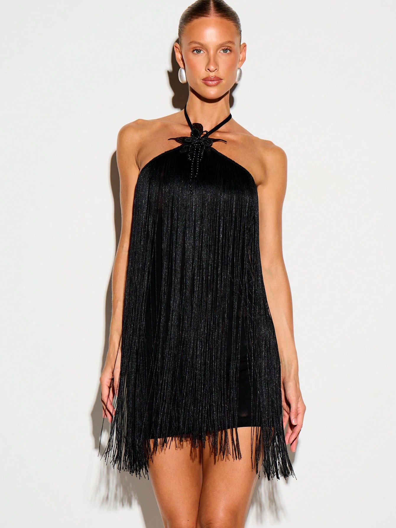 Halterneck Fringe Mini Dress With Floral Beaded Trim