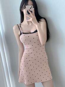 DAZY 女款愛心圖案印花甜美性感修身細肩帶洋裝 夏季外出穿著 粉紅色 - 粉色 - 查看 4