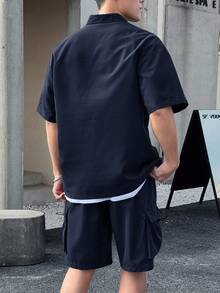 Manfinity Homme 男士纯色简约日常短袖T恤短裤套装，男士夏季两件套，男士休闲两件套，舒适装 - 藏蓝色 - 查看 2