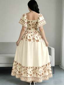 Modelyn Đầm nữ thanh lịch với họa tiết lá rùa, cây dừa, lá rụng và hoa nhỏ, kiểu dáng cổ vuông tay ngắn thời trang với thiết kế xếp nếp ở gấu đầm, phong cách nghỉ hè. - Nhiều màu - Xem 2