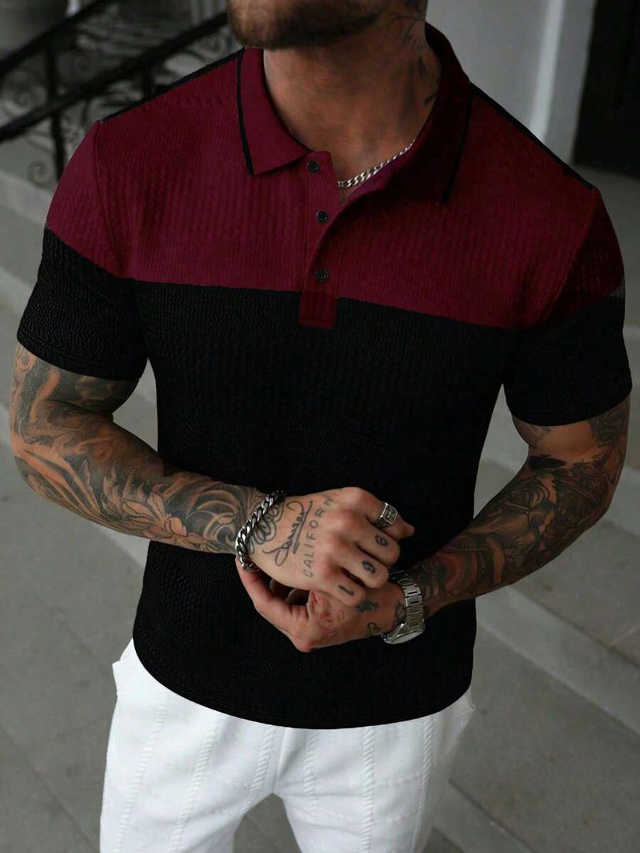 EGENSIO Men's Knitted Jacquard Solid Color Texture Splice Black & Red Collar & Cuff Ribbed Placket 3-Button Polo Shirt - Black - View 1