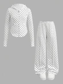 SHEIN 兒童青少年女孩時尚休閒復古街頭風新款熱銷黑白圓點圖案兩件套連帽上衣與寬腿褲套裝，春秋休閒日常穿著 - 黑與白 - 查看 6