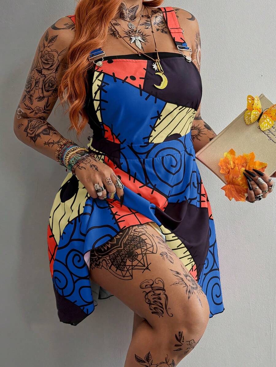 Whyspr Plus Size Spring/Summer Multi-Color Patchwork Strappy Dress - Multicolor - View 1