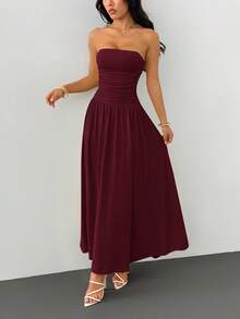 SHEIN PETITE Summer Elegant Solid Color Strapless Dress - Burgundy - View 1