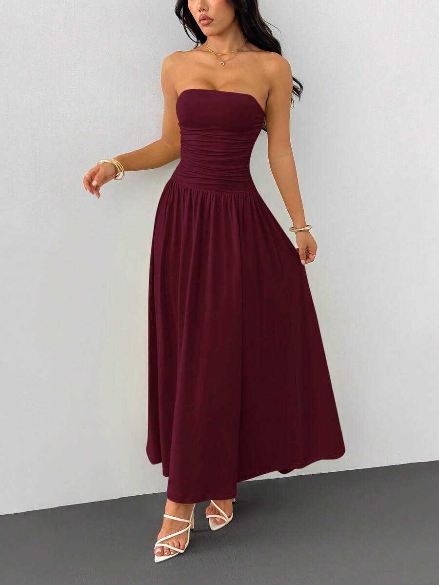 SHEIN PETITE Summer Elegant Solid Color Strapless Dress - Burgundy - View 1