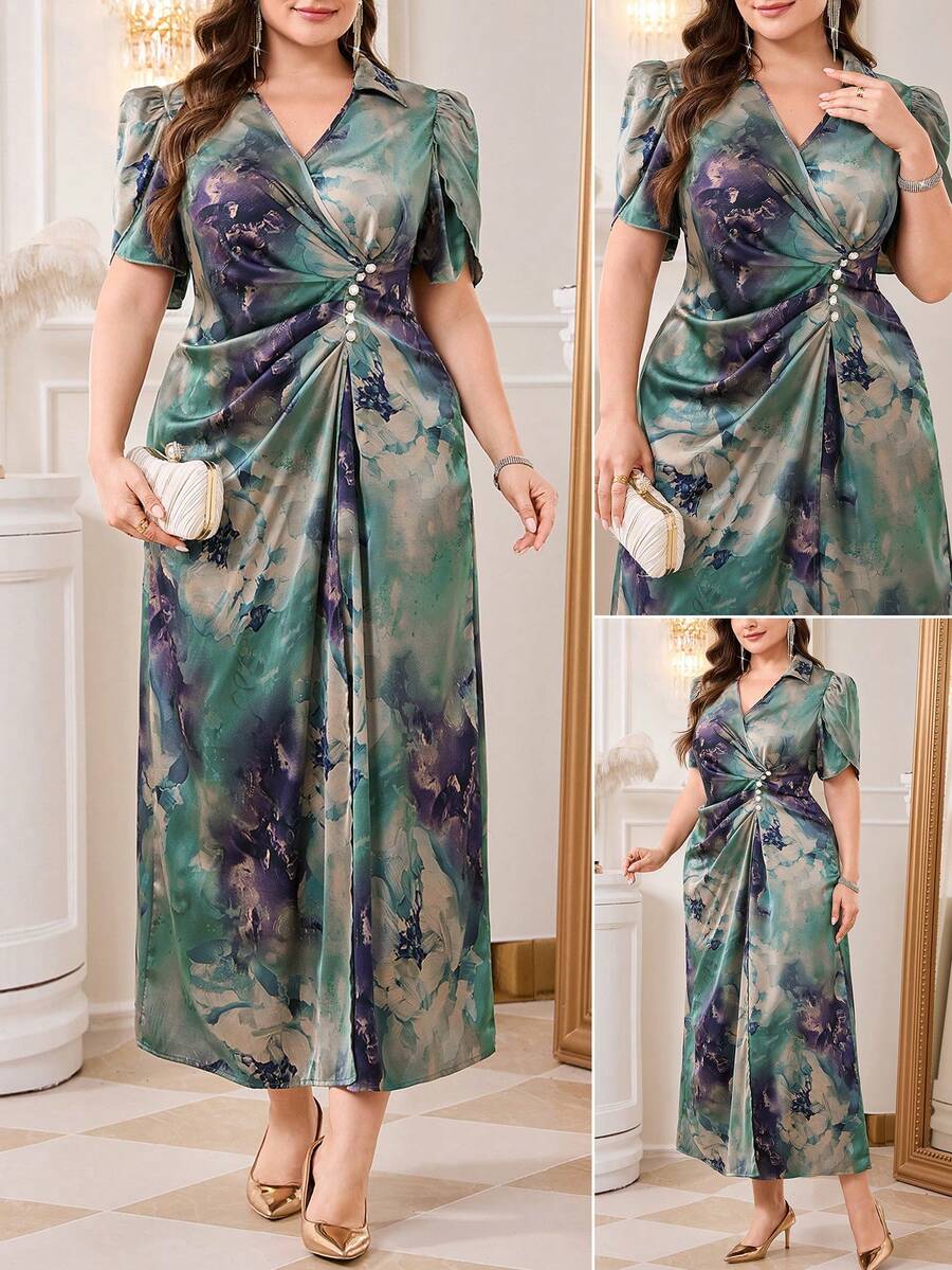 SHEIN Clasi 大码女装连衣裙,春夏优雅连衣裙,短袖连衣裙,长款连衣裙,收腰显瘦连衣裙,办公/通勤连衣裙,日常时尚连衣裙 - 綠色 - 查看 1