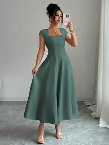 Elenzga Women's Spring/Summer French Elegant Commuter Beach Casual Vacation Style Music Festival Beer Festival Solid Color Square Neck Waist-Defining Structured Patchwork Voluminous A-Line Short Sleeve Midi Dress - Dark Green - View 3