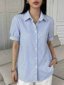 DAZY 春夏秋女款寬鬆休閒襯衫，有領、短袖、前開鈕扣，藍白細條紋 - 藍色 - 查看 7