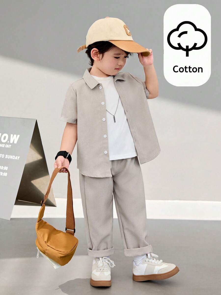SHEIN 小男孩素色翻領鈕扣短袖上衣與錐形長褲2件套