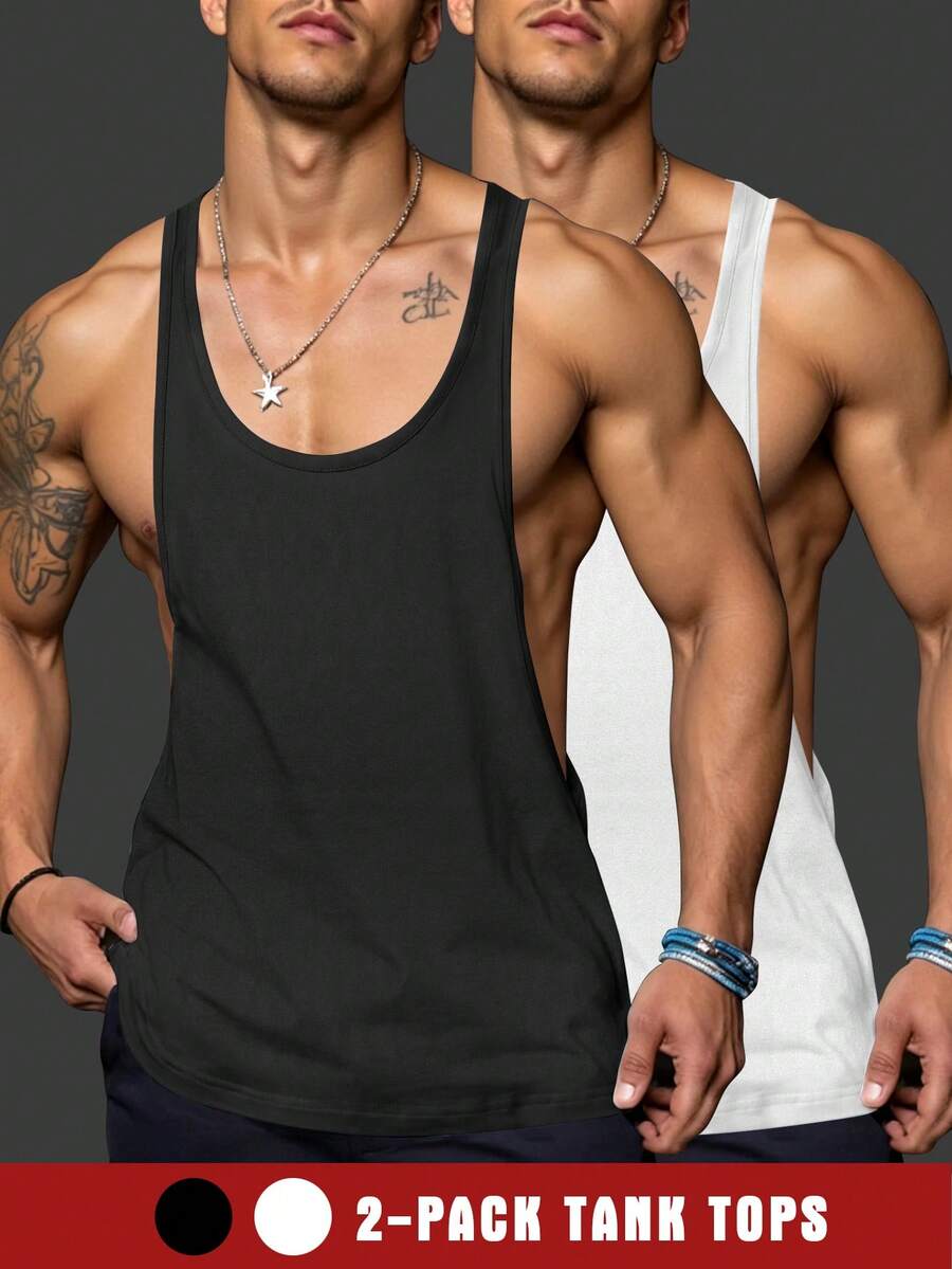 Manfinity Dauomo 2件組男士純色休閒寬鬆百搭日常穿著上衣 健身運動 夏季 黑白 - 彩色 - 查看 1