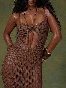 MUSERA Brown Crochet Open Knit Bodycon Beach Cover Up Maxi Dress - Chocolate Brown - View 6