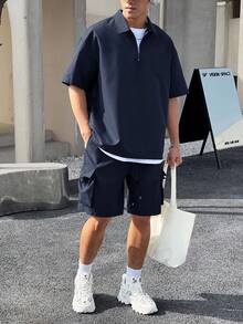 Manfinity Homme 男士纯色简约日常短袖T恤短裤套装，男士夏季两件套，男士休闲两件套，舒适装 - 藏蓝色 - 查看 6