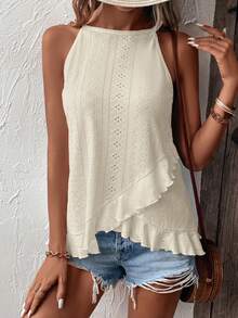 EMERY ROSE Women's Solid Color Ruffle Trim Tank Top For Vacation And Casual Wear - Beige - View 5