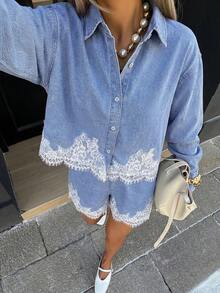Siren Gaze 女款單排扣長袖蕾絲拼接下襬襯衫與牛仔短褲套裝 - 藍色 - 查看 1
