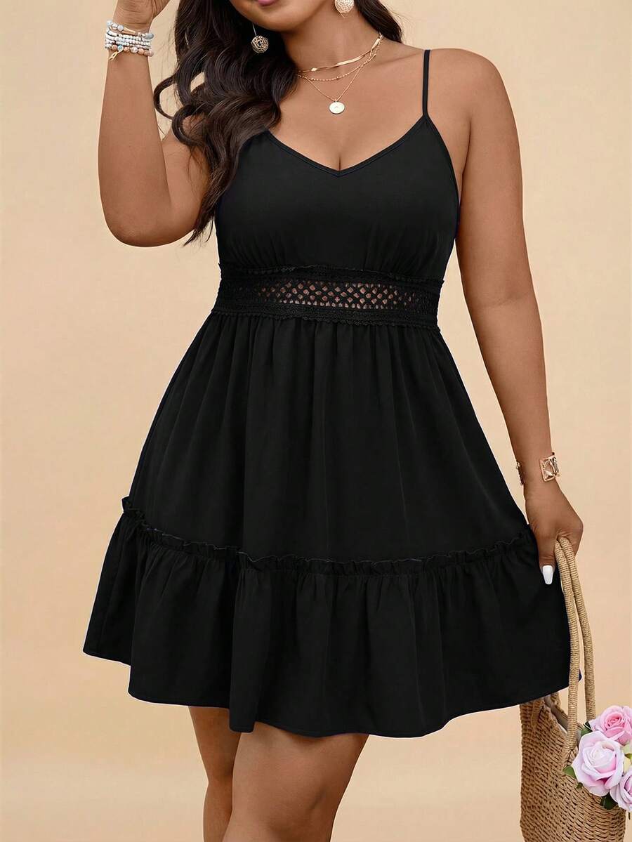 Travachic Plus Size Summer Casual Solid Color Spaghetti Strap Dress - Black - View 1