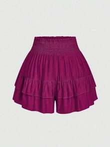 SHEIN LUNE Plus Size Holidaya Paperbag Waist Ruffle Hem Wide Leg Shorts - Hot Pink - View 1