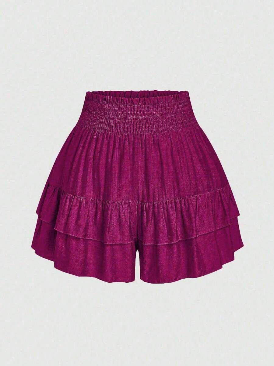 SHEIN LUNE Plus Size Holidaya Paperbag Waist Ruffle Hem Wide Leg Shorts - Hot Pink - View 1