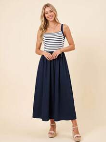 Coeurva Damen Mode Elegant Lässig Urlaub Romantisch Stretch Strick Gestreift A-Linie Weiß & Blau Kleid, Damen Country Musik Festival Outfit, Damen Sommerurlaub Date Pendeln Outfit, Damen Blaues Kleid - Blau - Übersicht 4