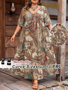SHEIN CURVE+ Curve Size US22 女款寬鬆小碎花 V 領短袖娃娃洋裝 米色 夏季音樂祭海邊度假波希米亞 1950s 復古 90s 風格 - 彩色 - 查看 2
