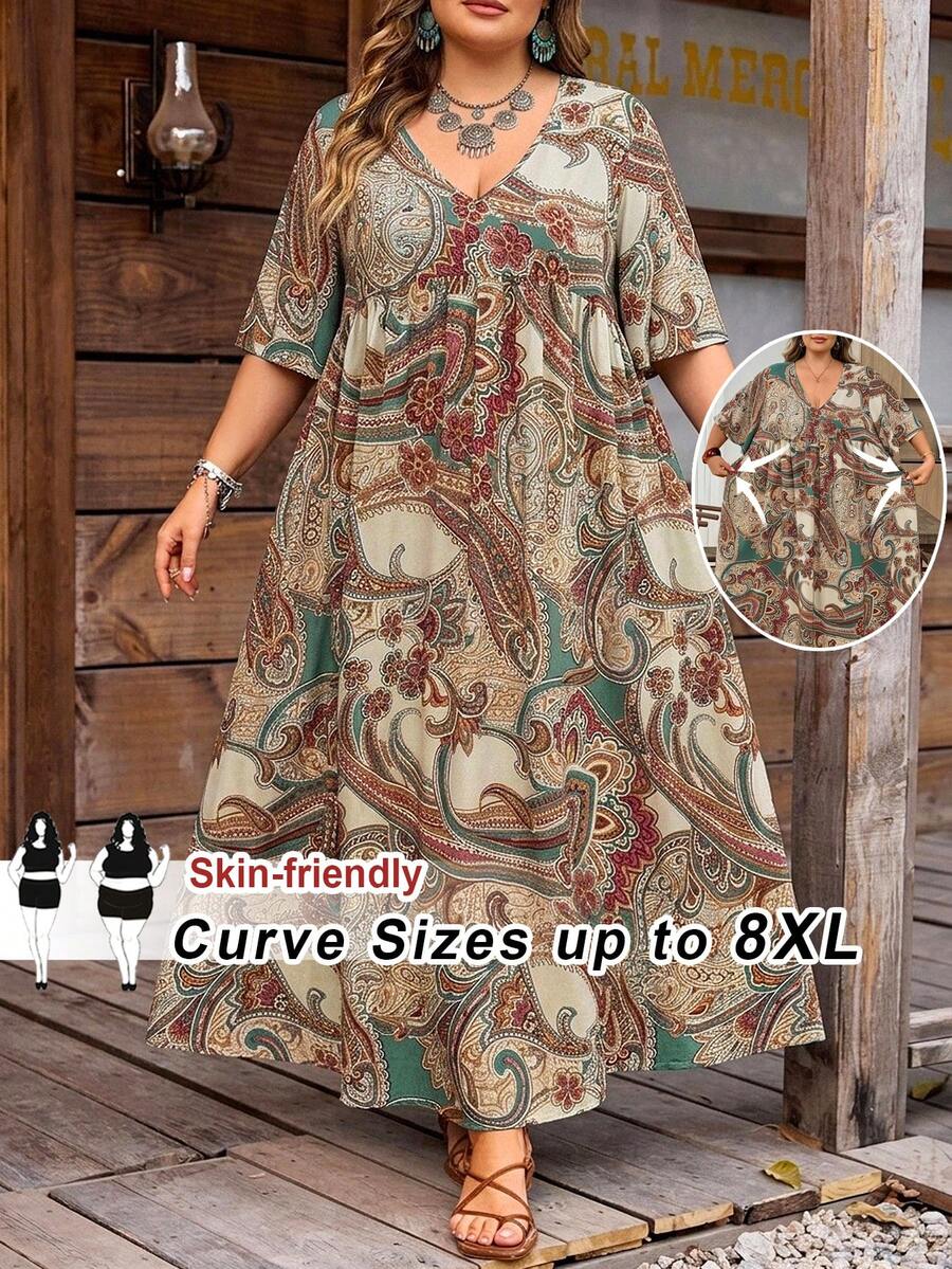 SHEIN CURVE+ Curve Size US22 女款寬鬆小碎花 V 領短袖娃娃洋裝 米色 夏季音樂祭海邊度假波希米亞 1950s 復古 90s 風格