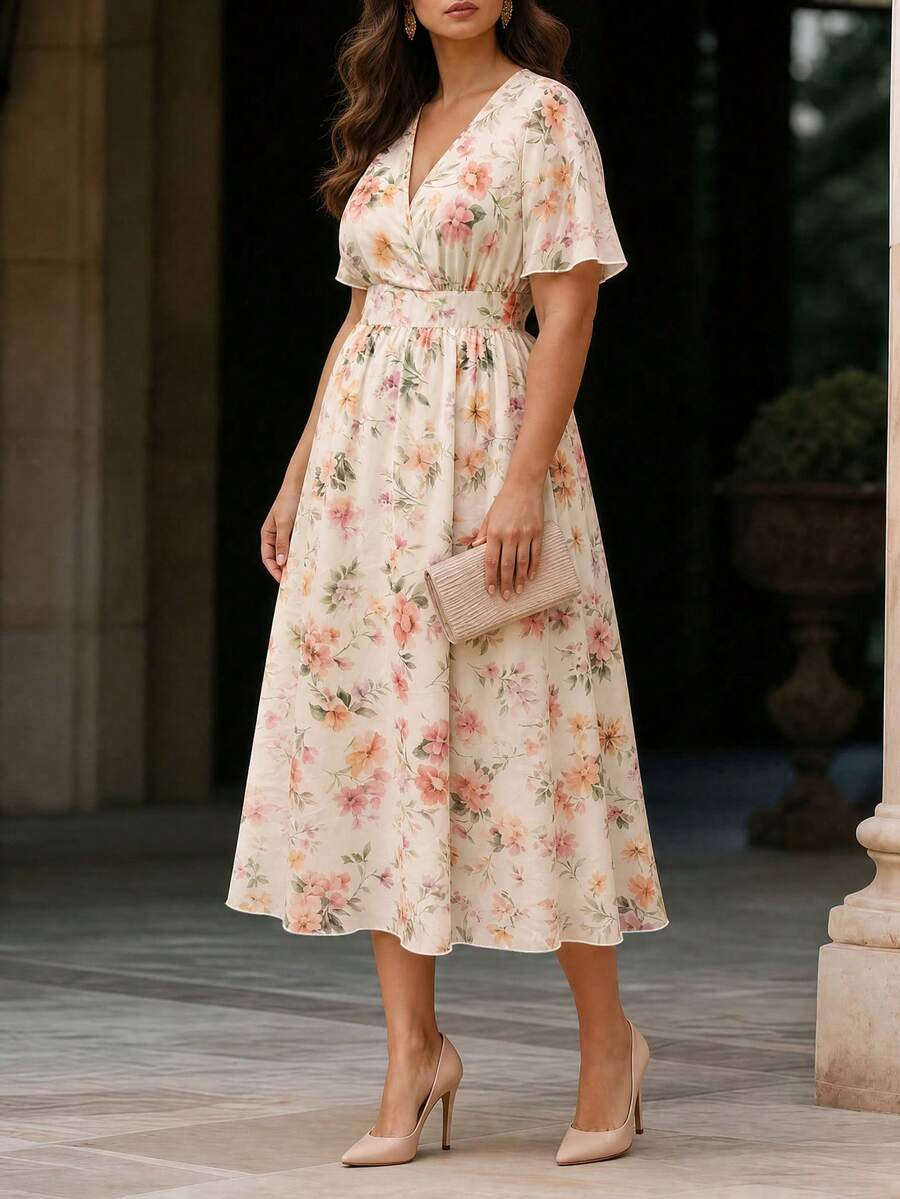 Velvienne Plus Size Summer New Snowflake Ditsy Floral Small Flower Fabric V-Neck Short Sleeve Ruffle Sleeve Bell Sleeve Waist-Cinching Full Skirt Women's Casual Dating Vacation Long Dress - Apricot - View 1
