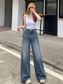 DAZY 女款口袋鈕扣寬鬆寬腿牛仔褲校園風 - 藍色 - 查看 5