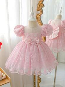 SHEIN Glamorique Kids 花童女童生日派對優雅公主禮服洋裝，杏色碎花設計，背部大蝴蝶結，可愛端莊優雅，四季皆宜 - 粉色 - 查看 3