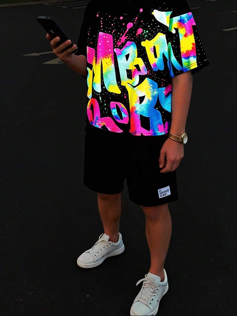 SHEIN 2件組青少年男孩休閒日常百搭舒適印花圓領寬鬆短袖T恤與短褲針織套裝,大尺寸T恤,男孩大尺寸T恤 - 彩色 - 查看 1
