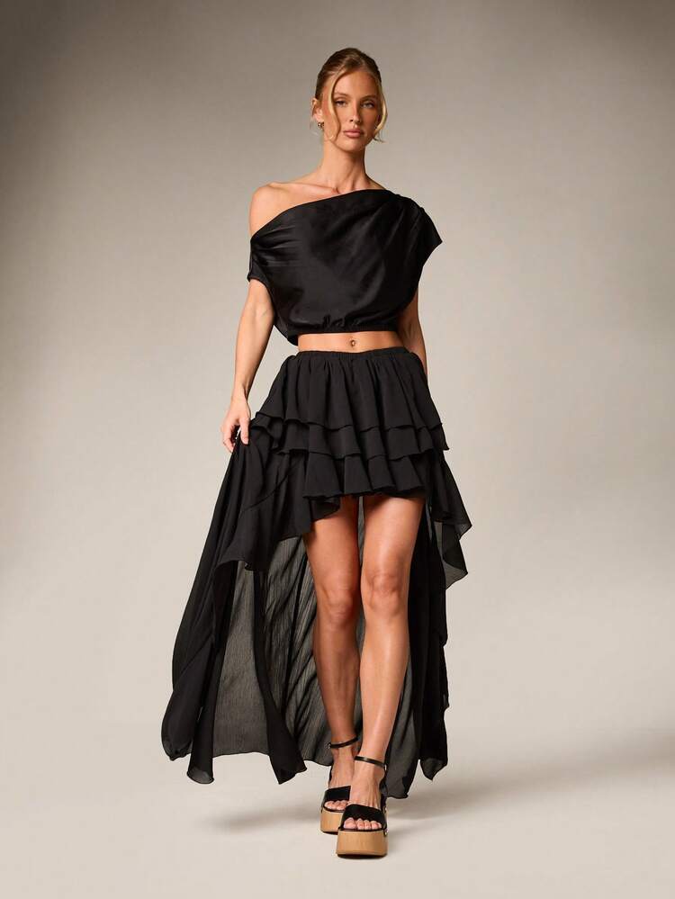AiiRZ Asymmetric Tiered Ruffle Skirt Black High Low Maxi Flowy Chiffon Party Evening Occasion Formal Special Event Spring Summer Fall
