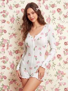 Elorette Women's Long Sleeve Tulip Pattern Jacquard Knit Romper Pajamas, For Fall, Winter - White - View 3