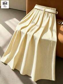 Franclia Rok Midi Lipit Panjang Sedang Bergaris Linen Kasual & Kantor untuk Wanita, Musim Panas / Musim Semi - MultiWarna - View 2
