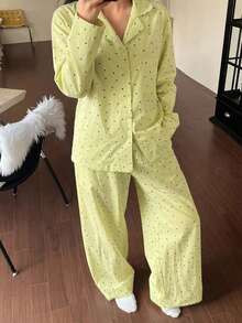 DAZY 2件組女款波點滿版印花開襟長袖上衣與直筒長褲睡衣套裝 - 綠色 - 查看 6